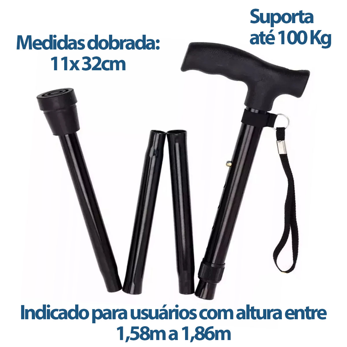Bengala Dobrável Com Regulagem Altura Preto Mebuki