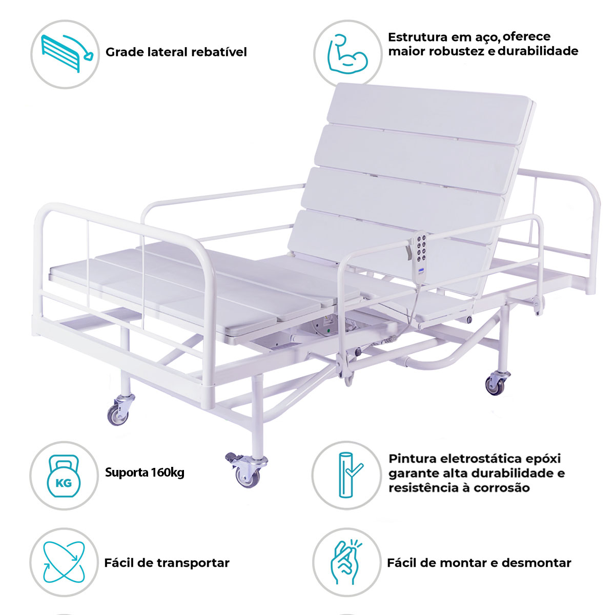 Cama Hospitalar Fawler Elétrica ABS 3 Movimentos com Elevação 160kg MR441