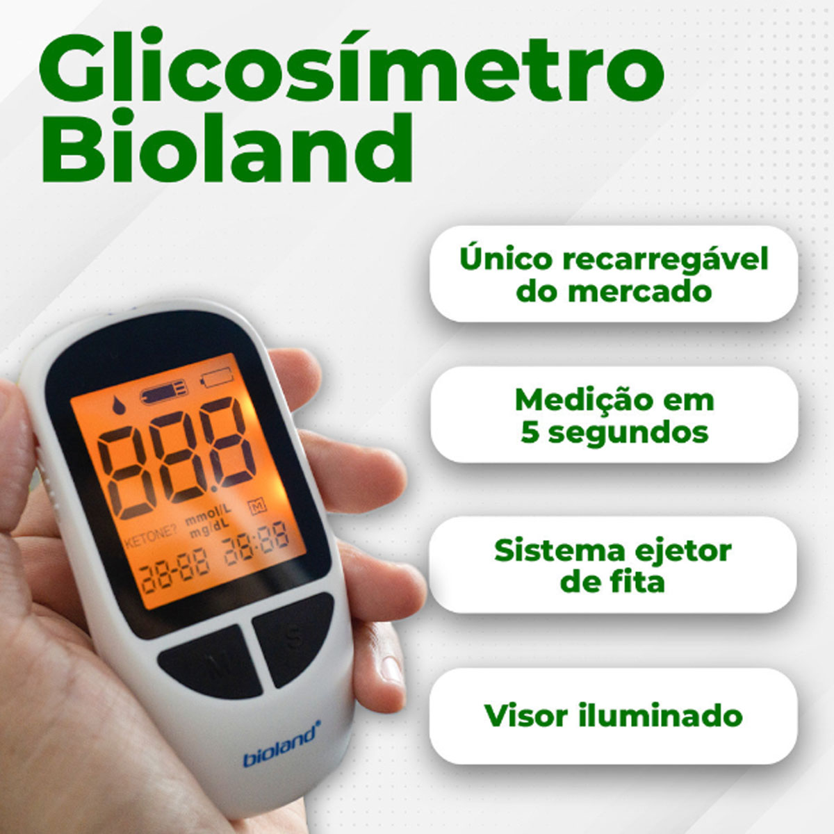Kit Medidor de Glicose Bioland Cabo USB 125 Lancetas e 100 Fitas de Teste