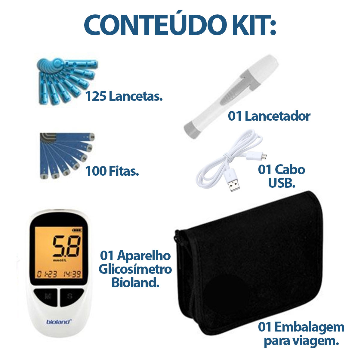 Kit Medidor de Glicose Bioland Cabo USB 125 Lancetas e 100 Fitas de Teste