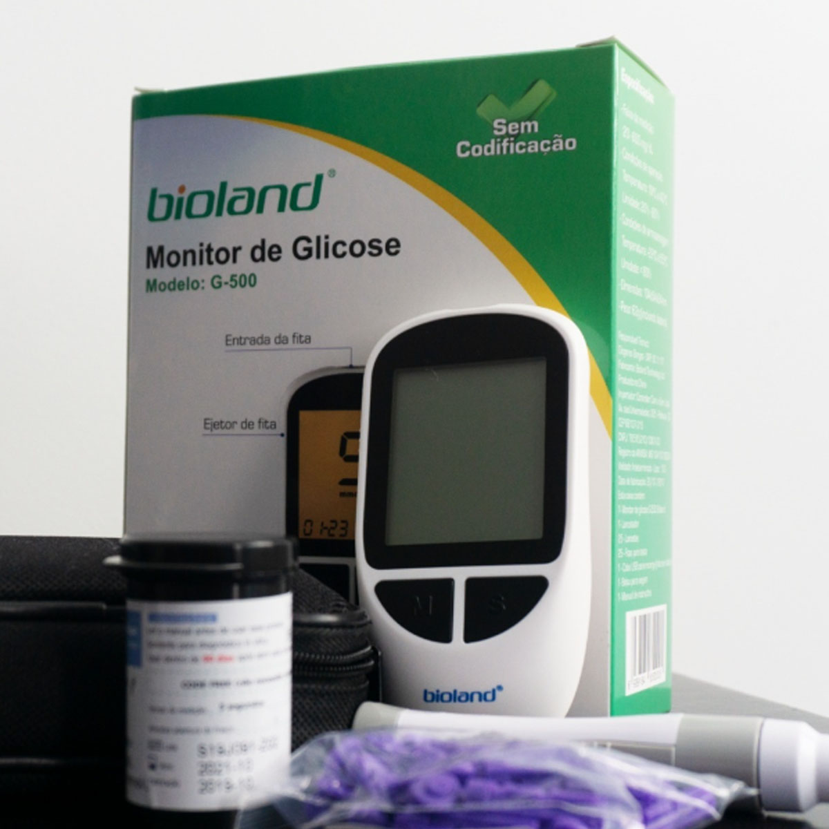 Kit Medidor de Glicose Bioland Cabo USB 125 Lancetas e 100 Fitas de Teste
