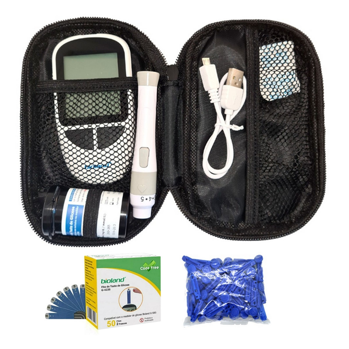 Kit Medidor de Glicose Bioland Cabo USB 125 Lancetas e 100 Fitas de Teste