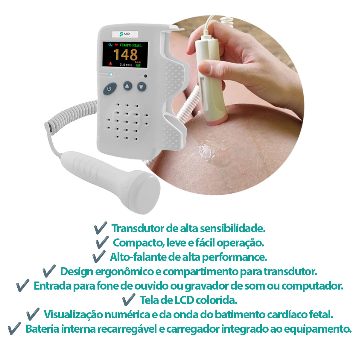 Detector Fetal Doppler MD Portatil Digital Bateria Recarregavel FD200C LCD Colorido