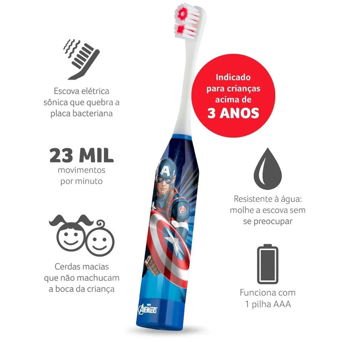 Escova Dental Elétrica Vibracional Infantil Marvel Avengers Capitão America