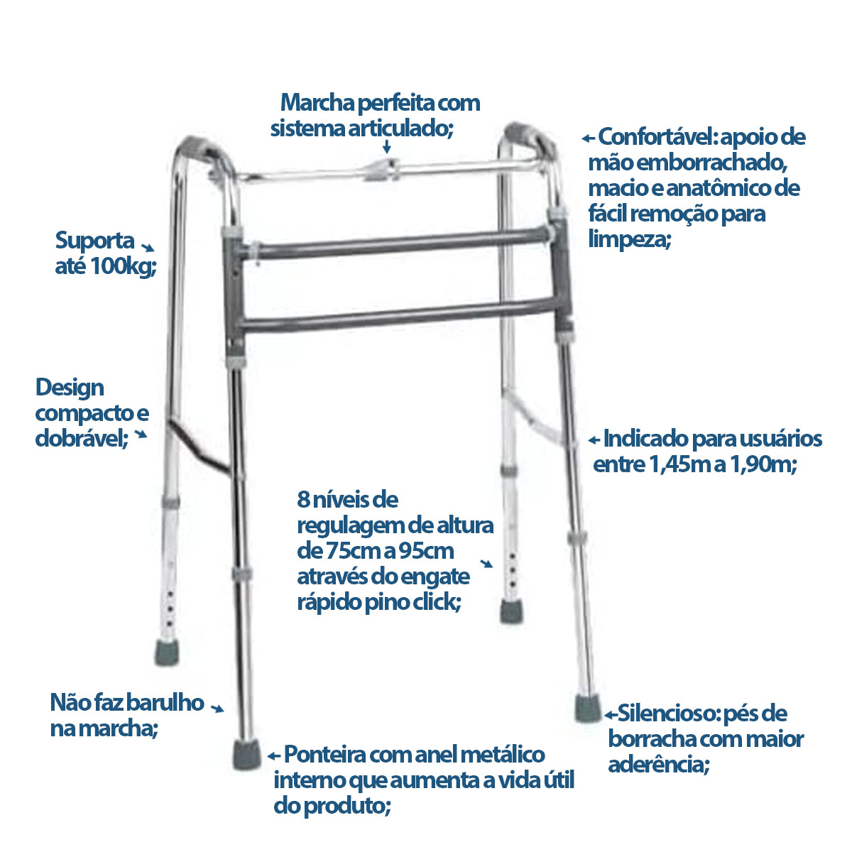 Andador de Alumínio Dobrável Fixo 03 Barras Supermedy
