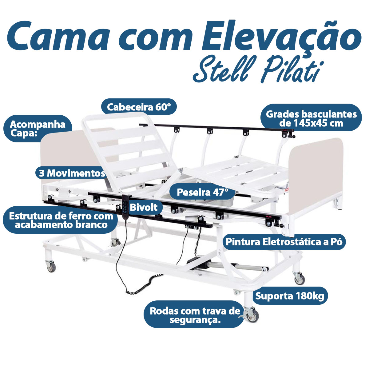 Cama Hospitalar Evolution Com Elevação de Leito Stell Pilati Suporta 180 kg