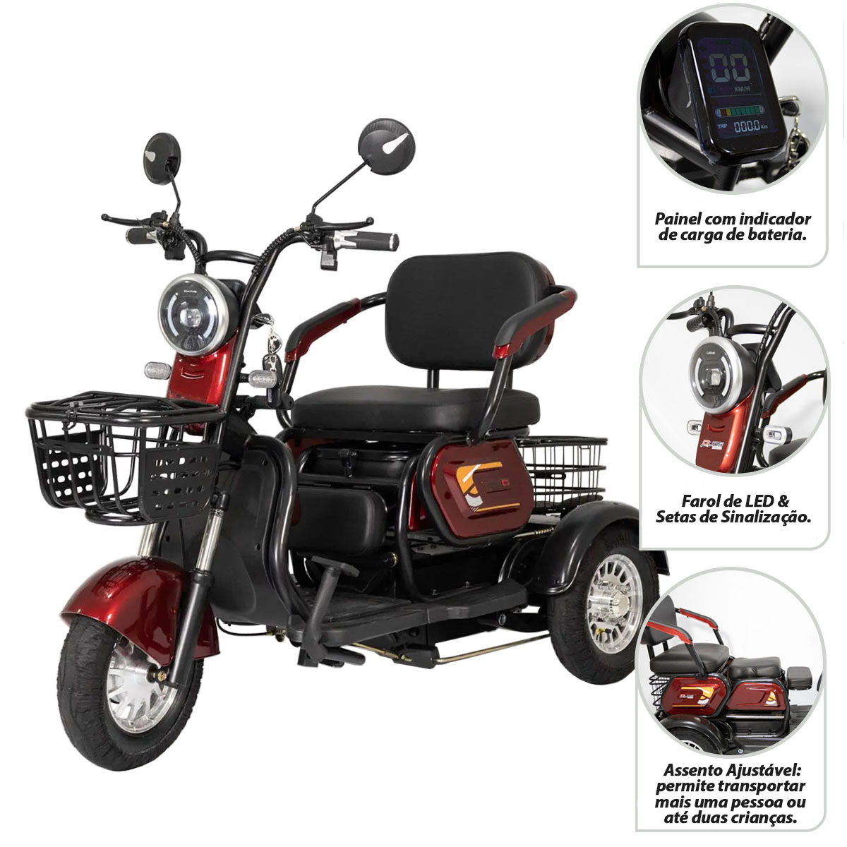 Triciclo Elétrico Duos Zube-350 500W Cinza Três Assentos