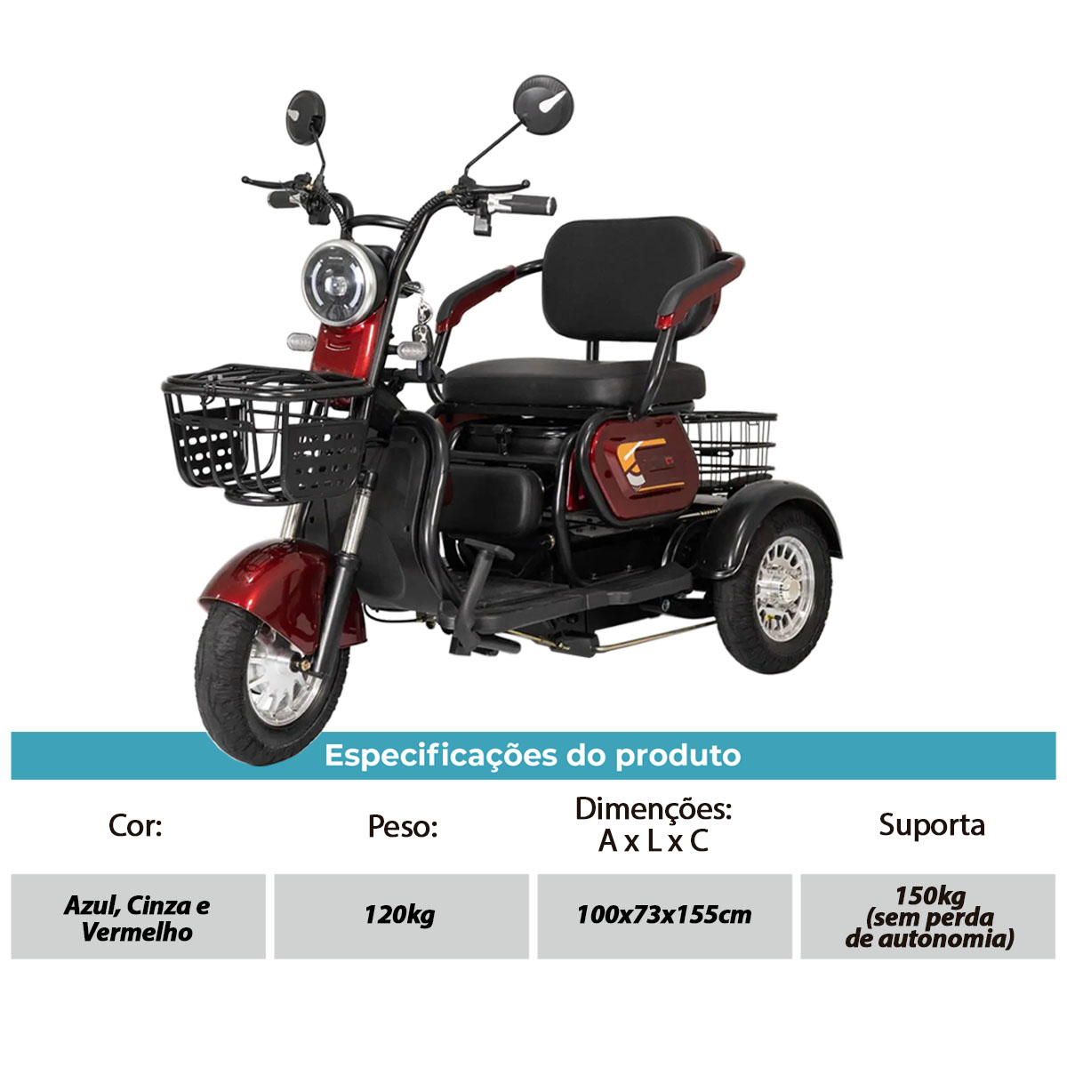 Triciclo Elétrico Duos Zube-350 500W Cinza Três Assentos