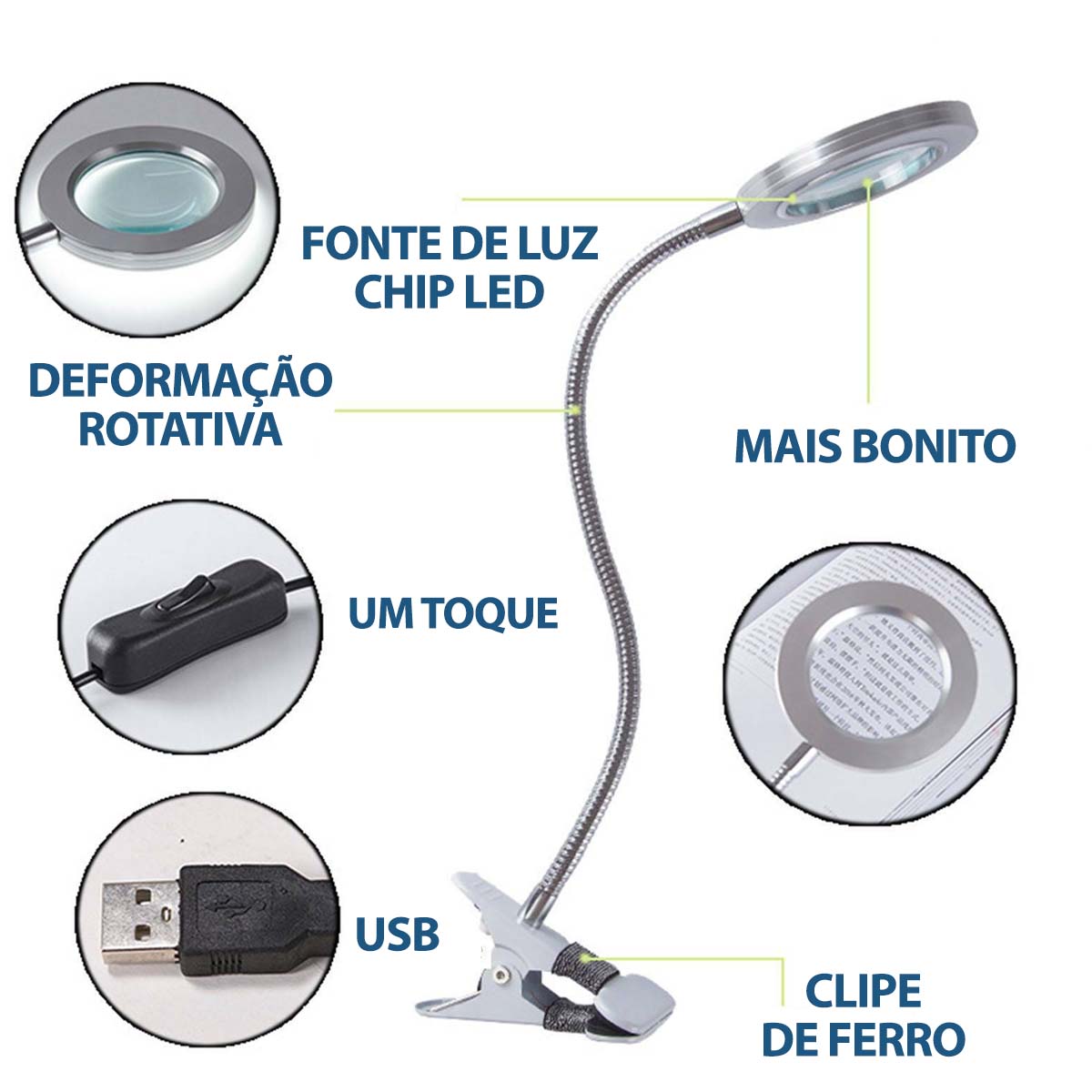 Luminária Led com Clipe e Tubo Dobrável 360 Graus Lupa X8