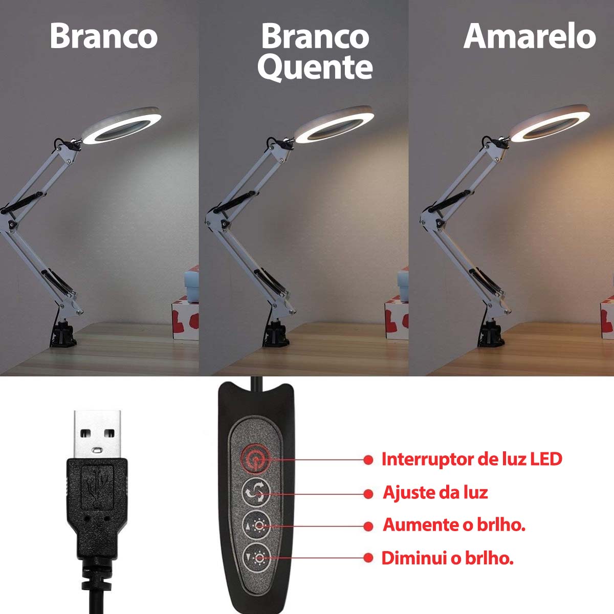 Luminária Led de Mesa Braço Giratório com Lupa 5X Preto