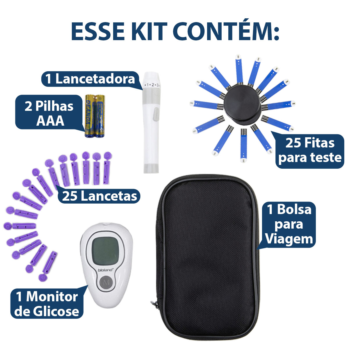 Medidor de Glicose G4253 Bioland Kit 75 Fitas de Teste e 25 Lancetas