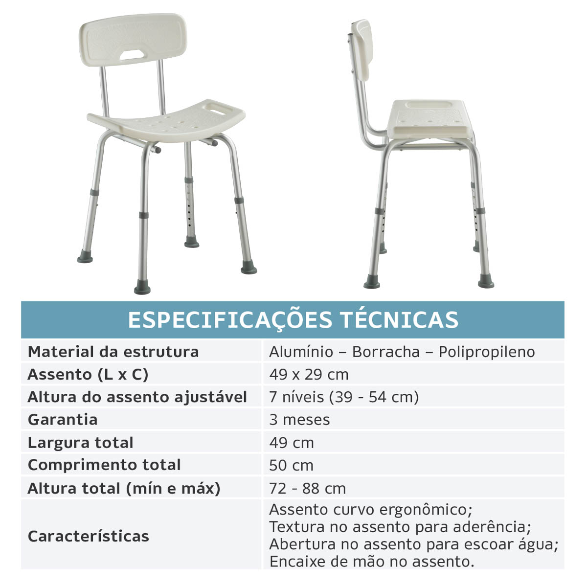 Banqueta Banho e Higienização D2 Com Encosto Alumínio 135kg Dellamed