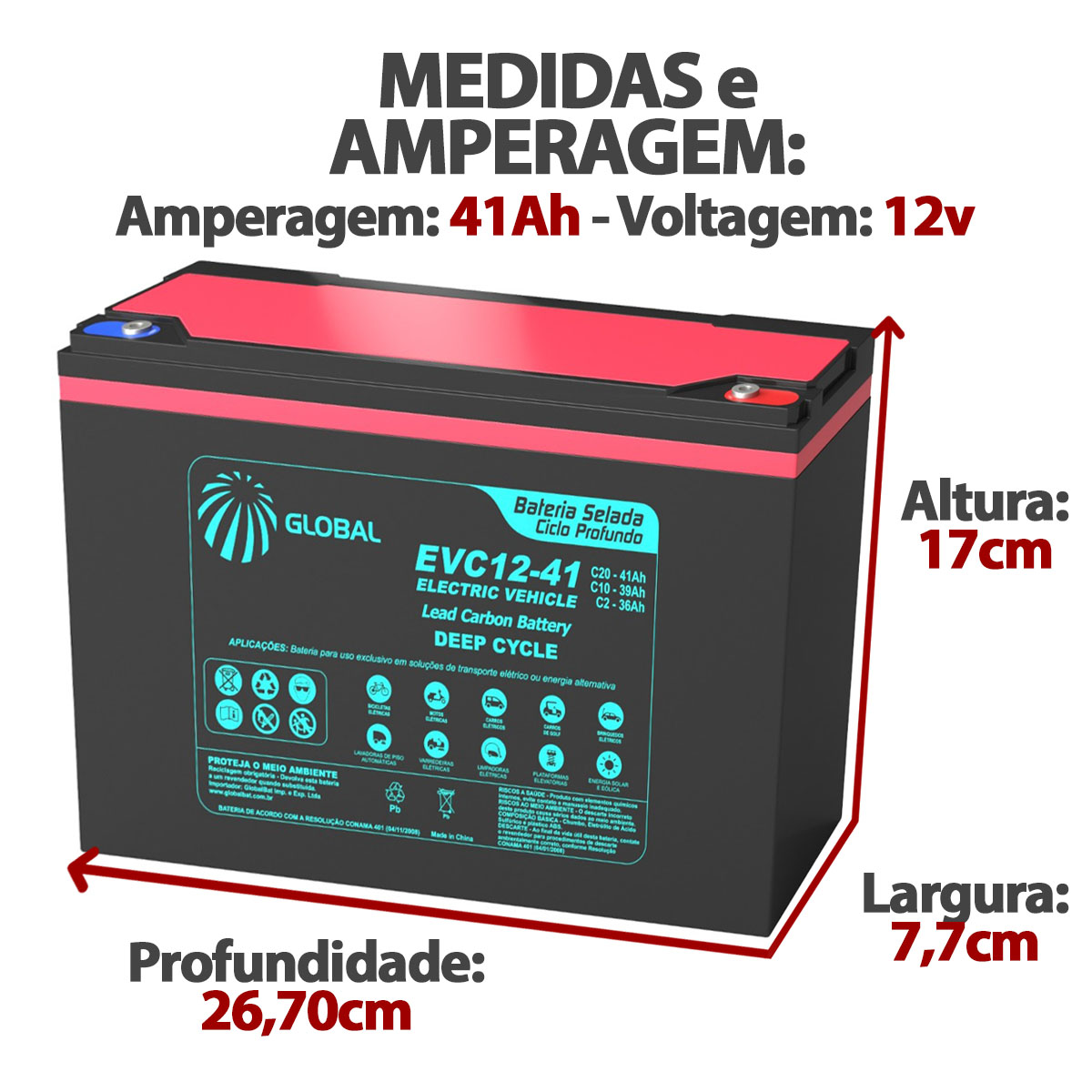 Bateria EVC12-41 Selada para Cadeira de Rodas Motorizada D1000 12V 41Ah