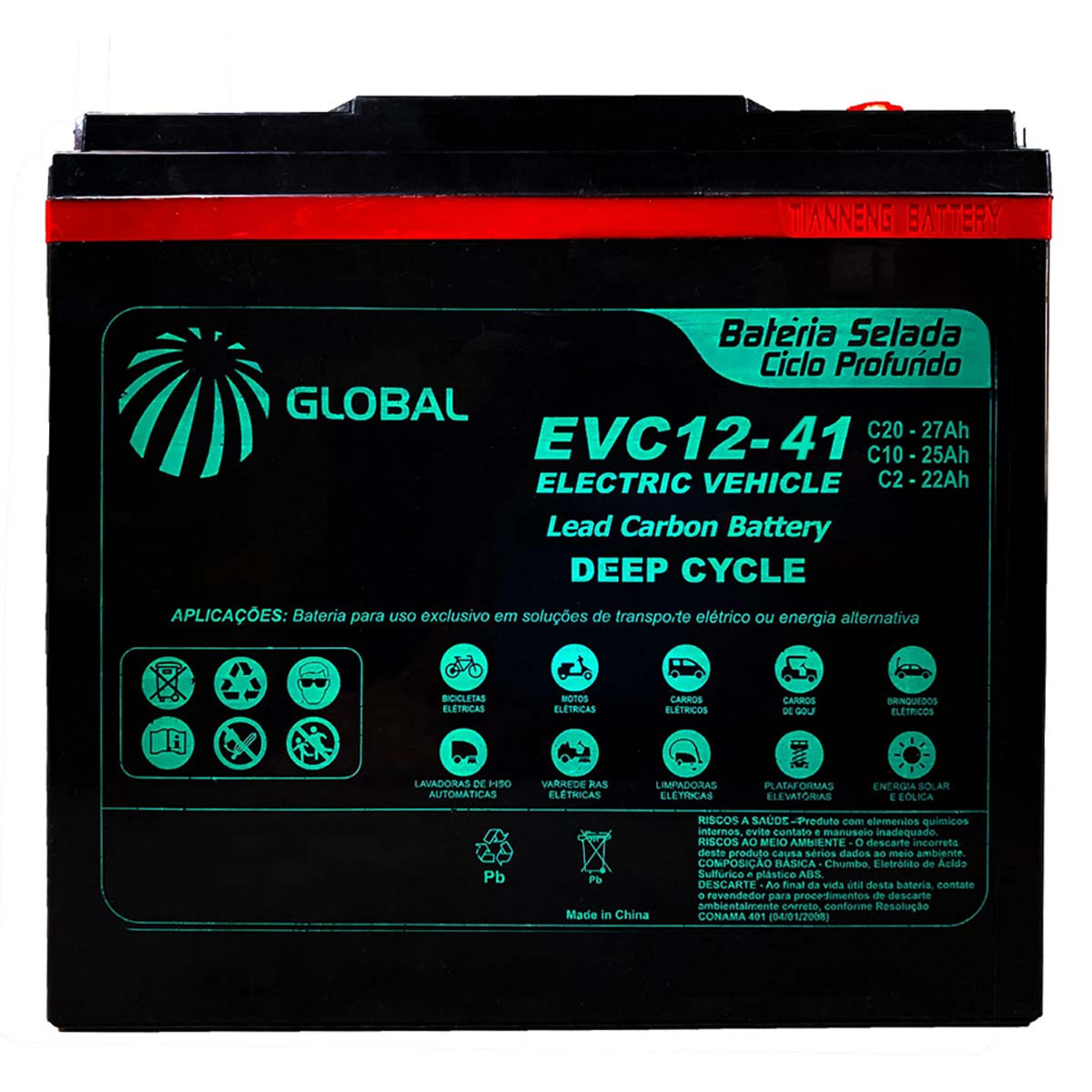 Bateria EVC12-41 Selada para Cadeira de Rodas Motorizada D1000 12V 41Ah