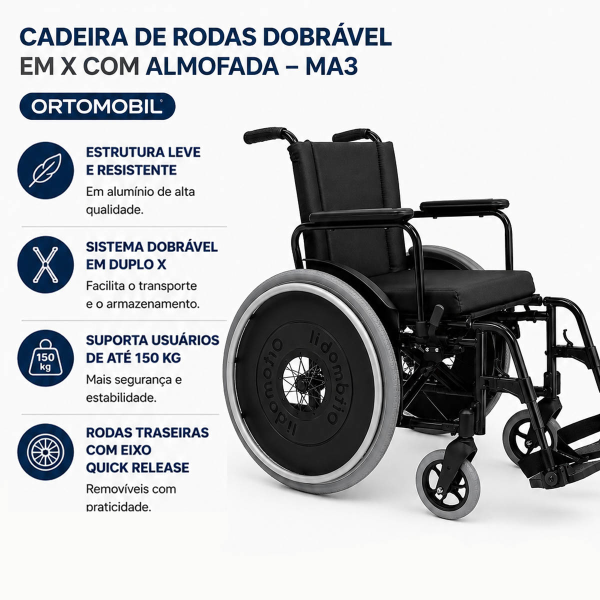 Cadeira de Rodas Alumínio Dobravel MA3 Ortomobil 48L 45C 45A 