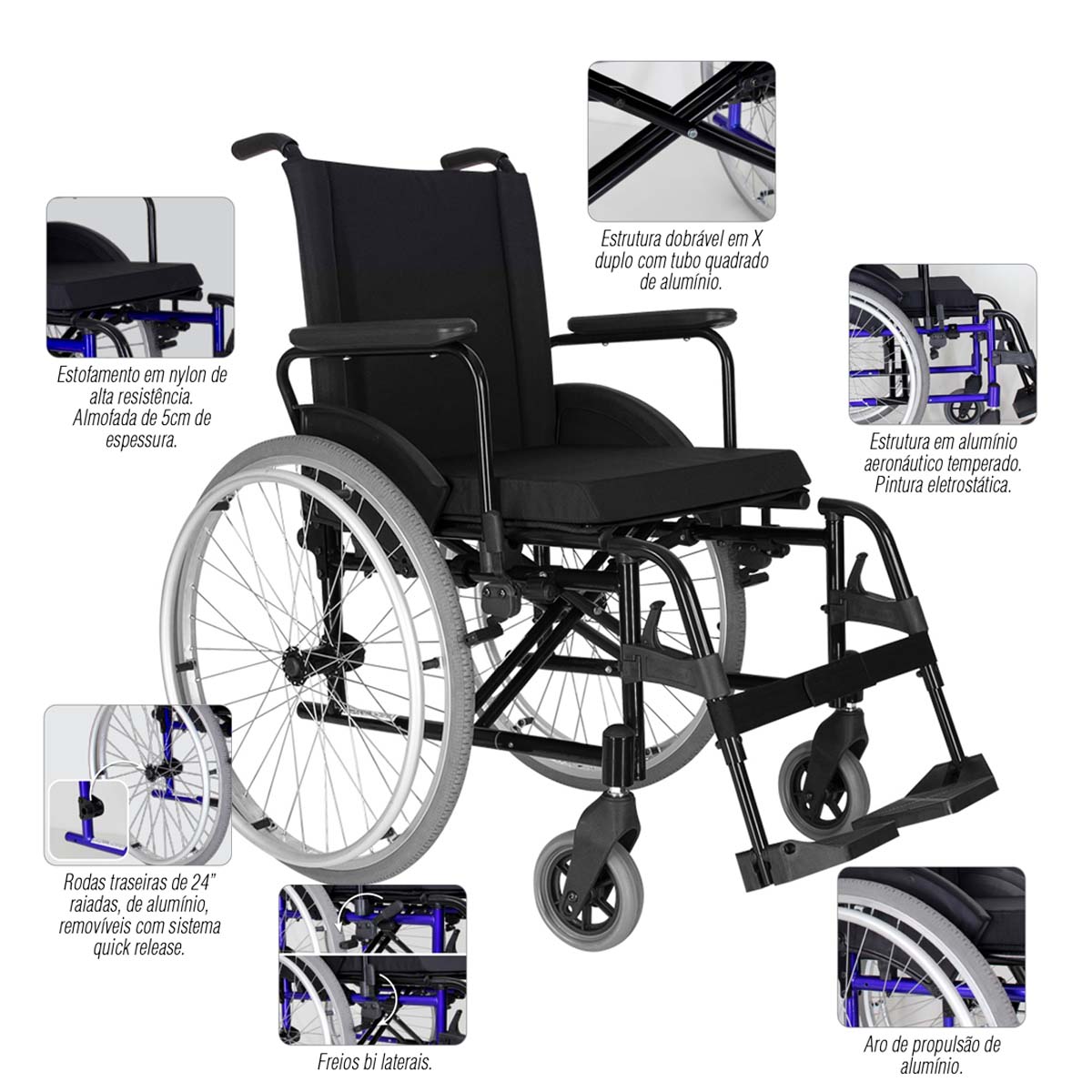 Cadeira de Rodas Alumínio Dobravel MA3 SLIM Ortomobil 48L 45C 45A 
