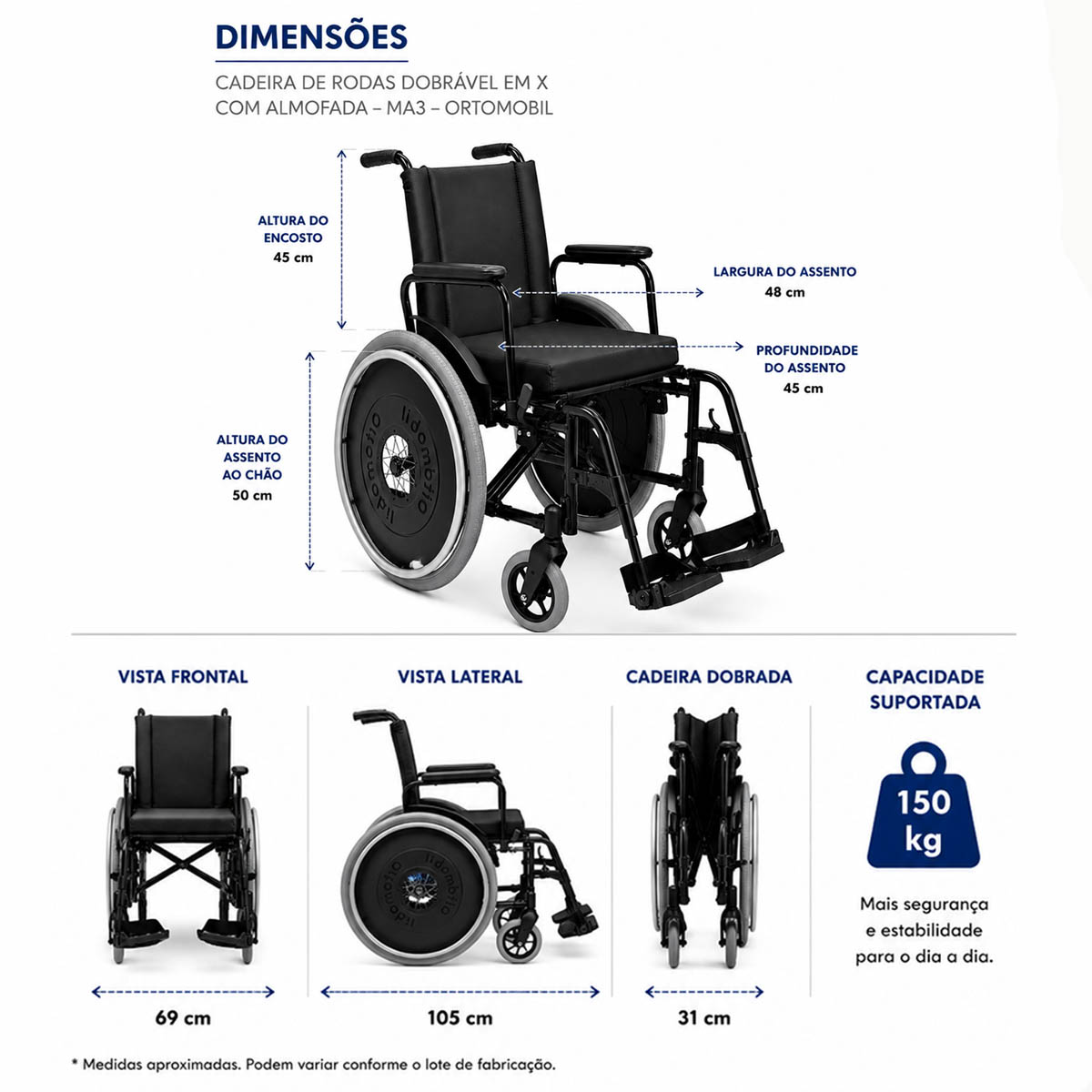 Cadeira de Rodas Alumínio Dobravel MA3 Ortomobil 48L 45C 45A 