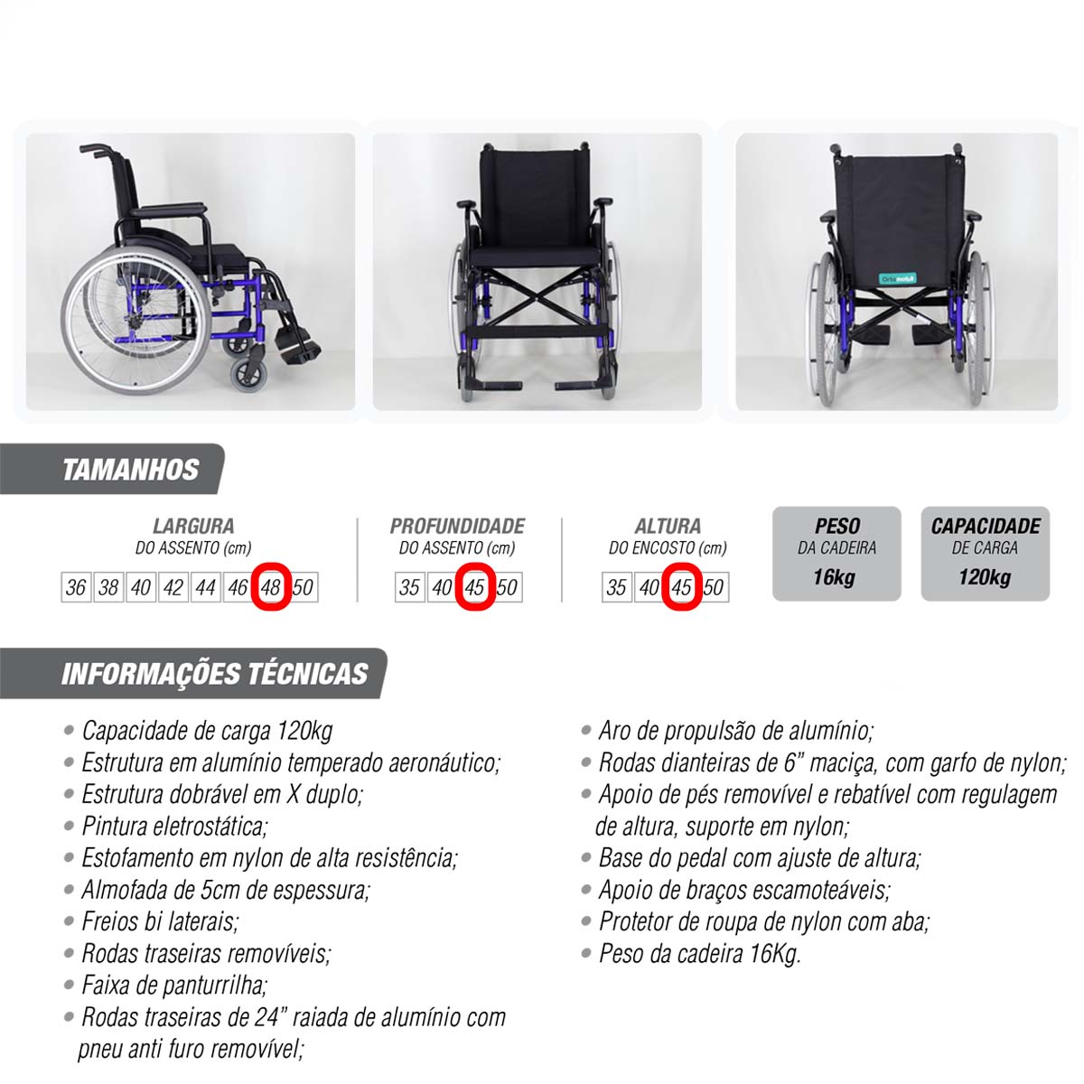 Cadeira de Rodas Alumínio Dobravel MA3 SLIM Ortomobil 48L 45C 45A 
