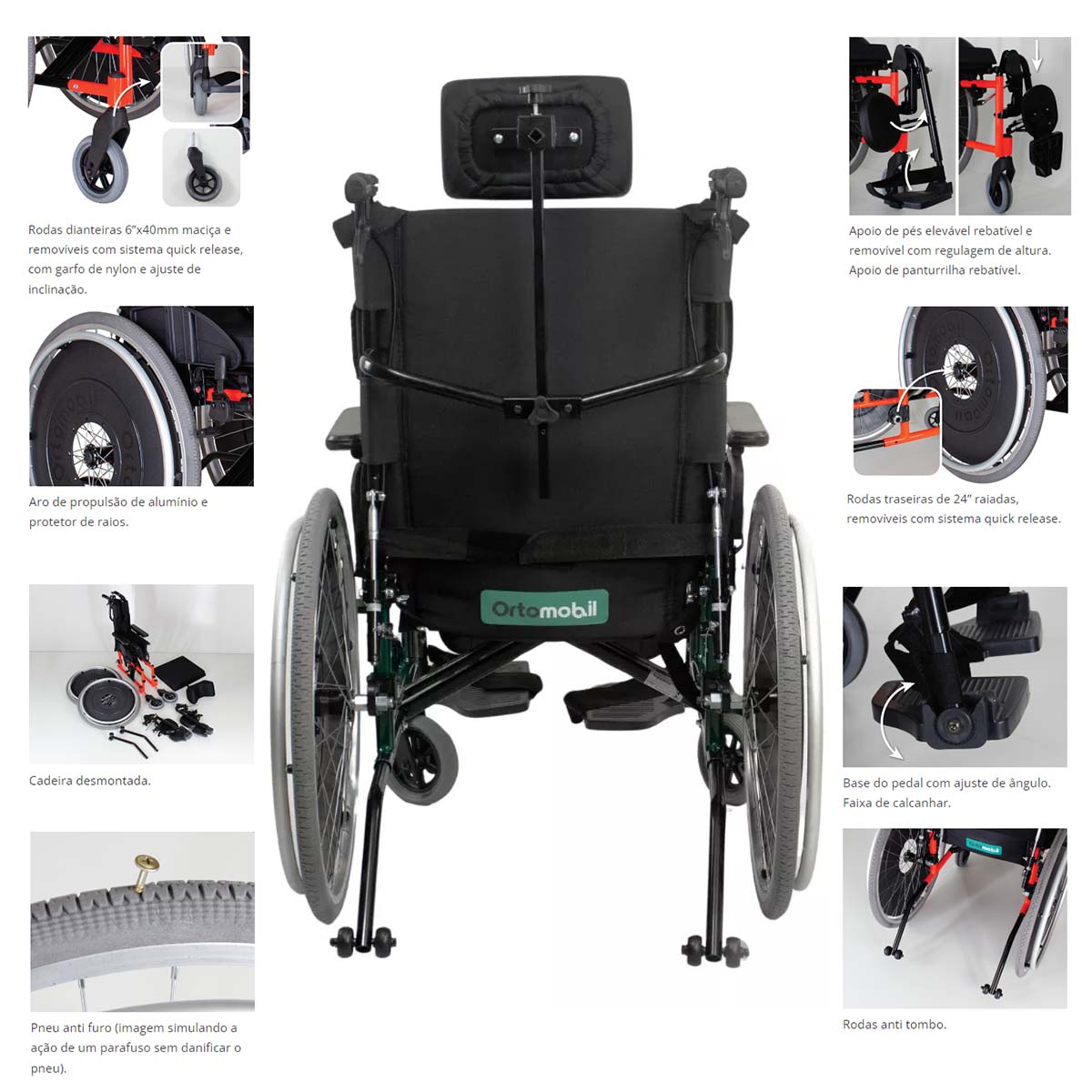 Cadeira De Rodas Alumínio Dobrável e Reclinável 48L 50P 50A MA3R Ortomobil 150kg