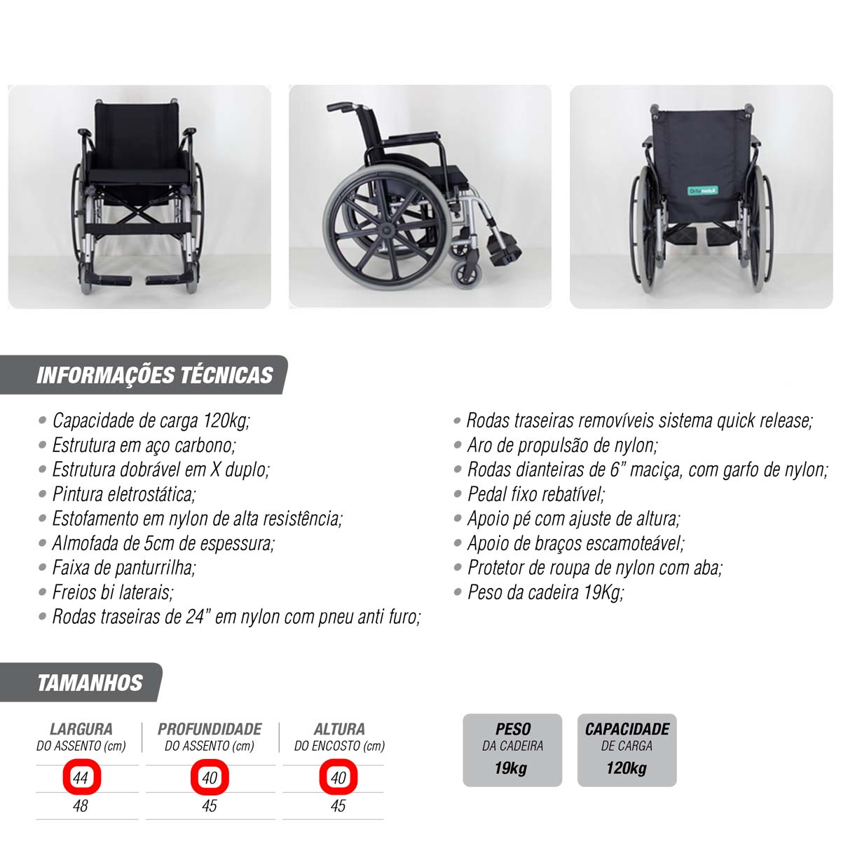 Cadeira De Rodas Dobrável MA3F 504 Ortomobil L44 P40 A45