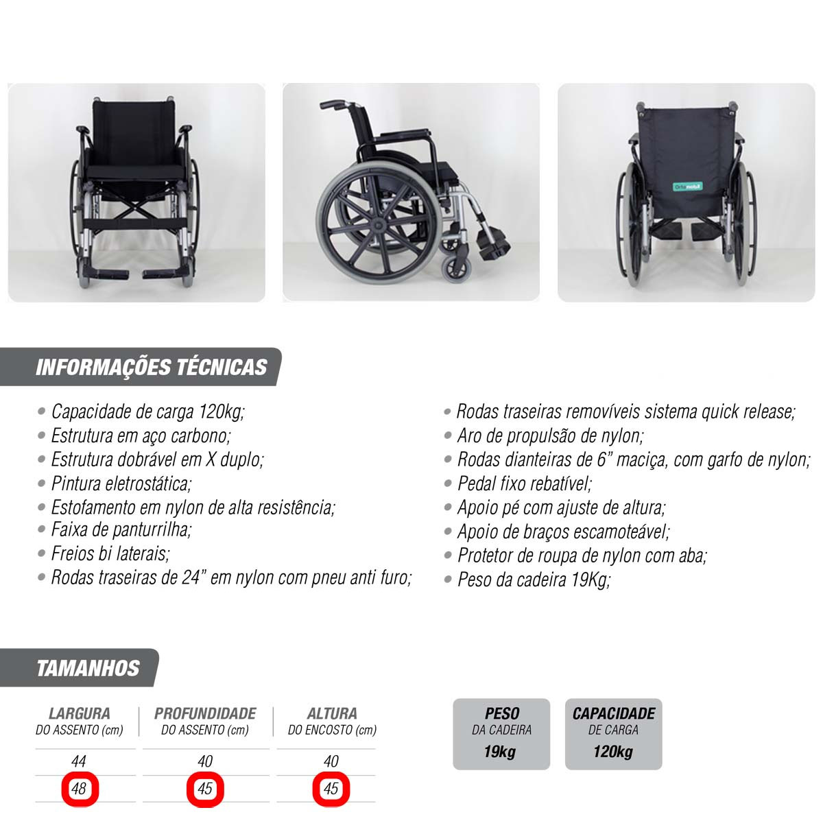 Cadeira De Rodas Dobrável MA3F 504 Ortomobil L48 P45 A45