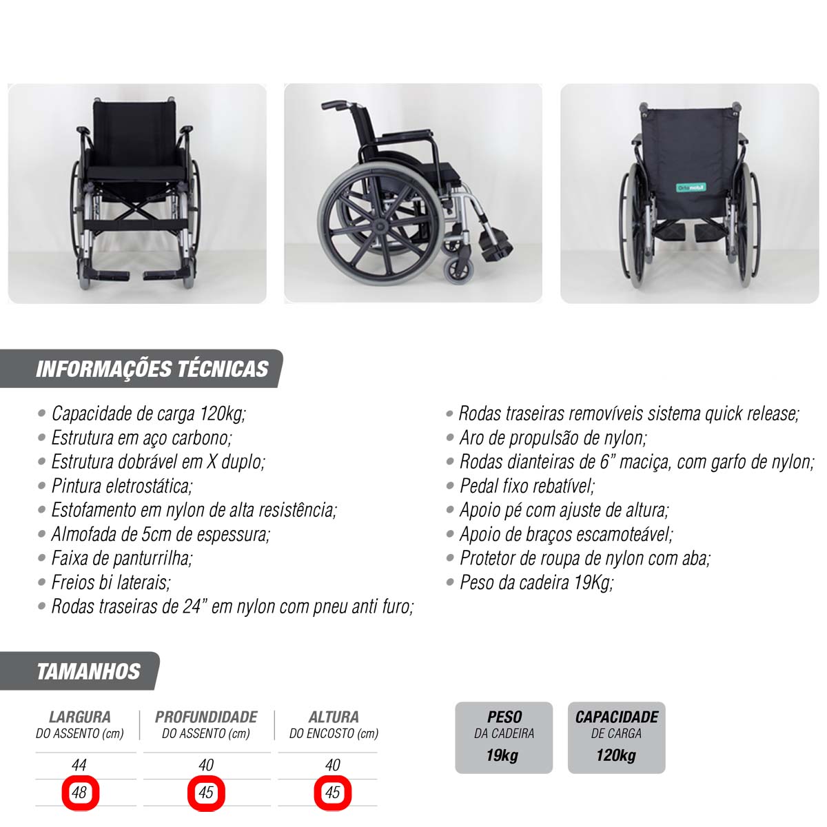 Cadeira De Rodas Dobrável MA3F 504 Ortomobil L48 P45 A45