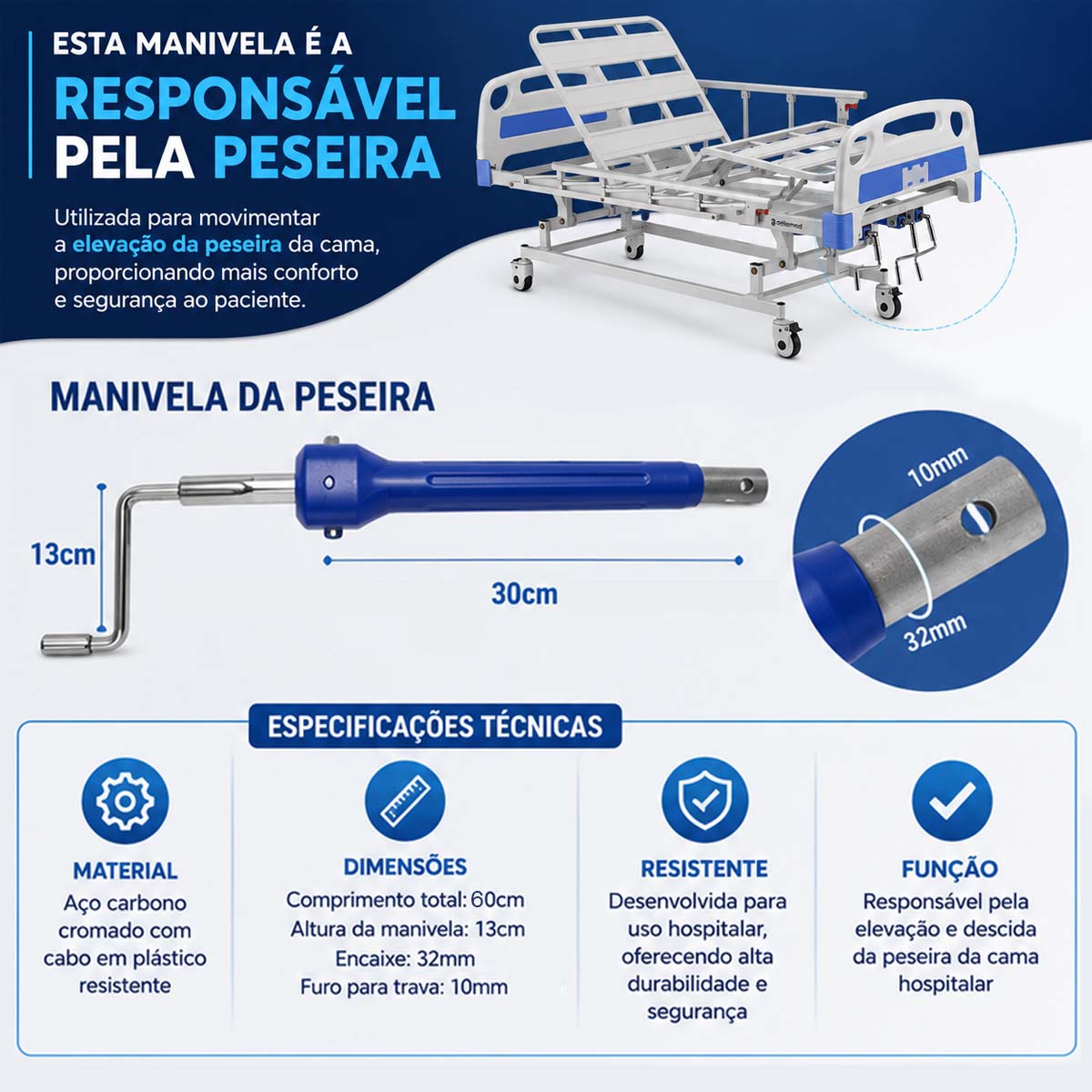 Manivela de Peseira Compatível com Cama DX3 Dellamed