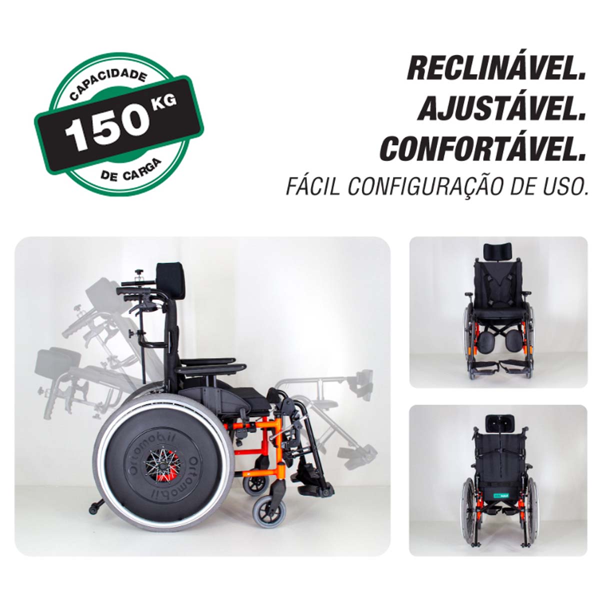 Cadeira De Rodas Alumínio Dobrável e Reclinável 48L 45C 50A MA3R Ortomobil 150kg Cinza