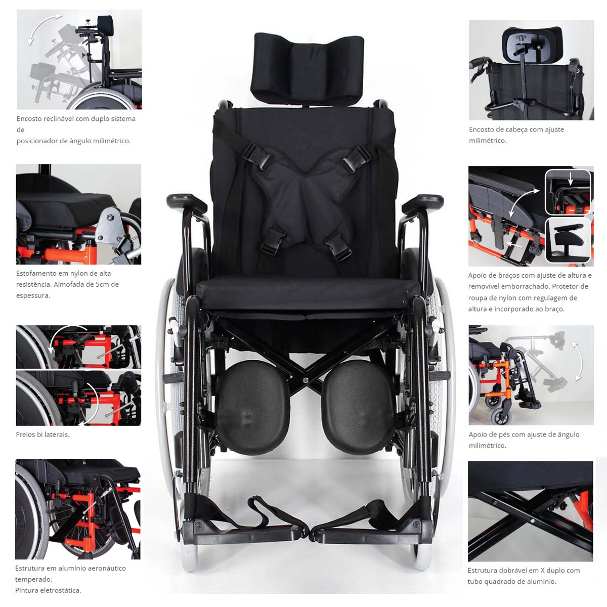 Cadeira De Rodas Alumínio Dobrável e Reclinável 48L 50P 50A MA3R Ortomobil 150kg
