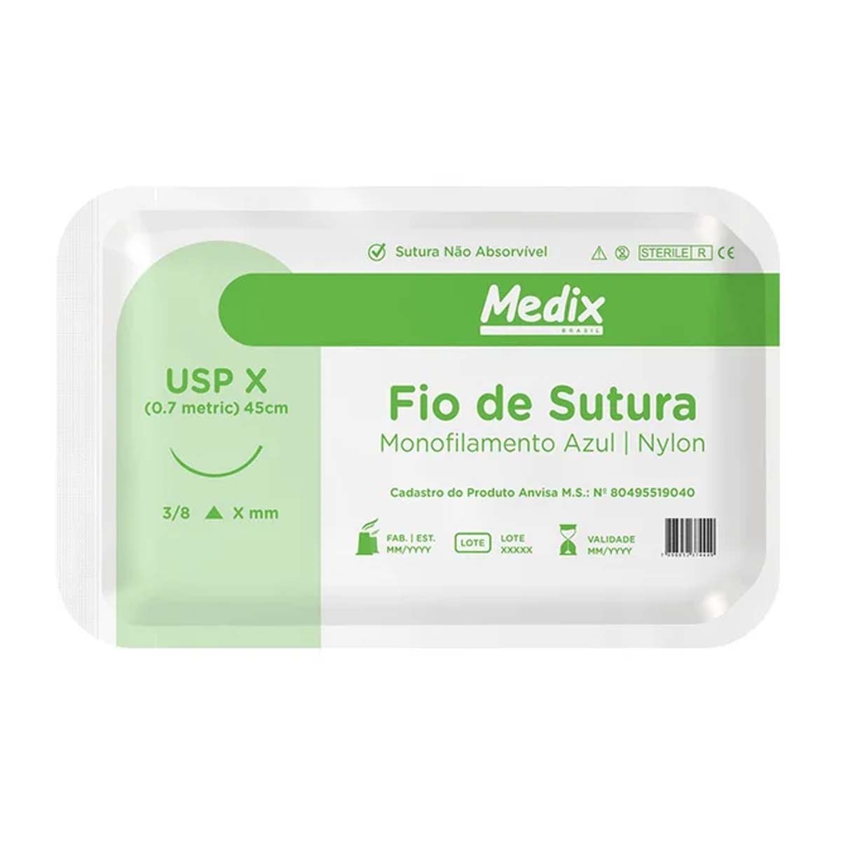 Fio de Sutura Nylon USP 2-0 45cm C/ Agulha 3/8 30mm 24Und Medix