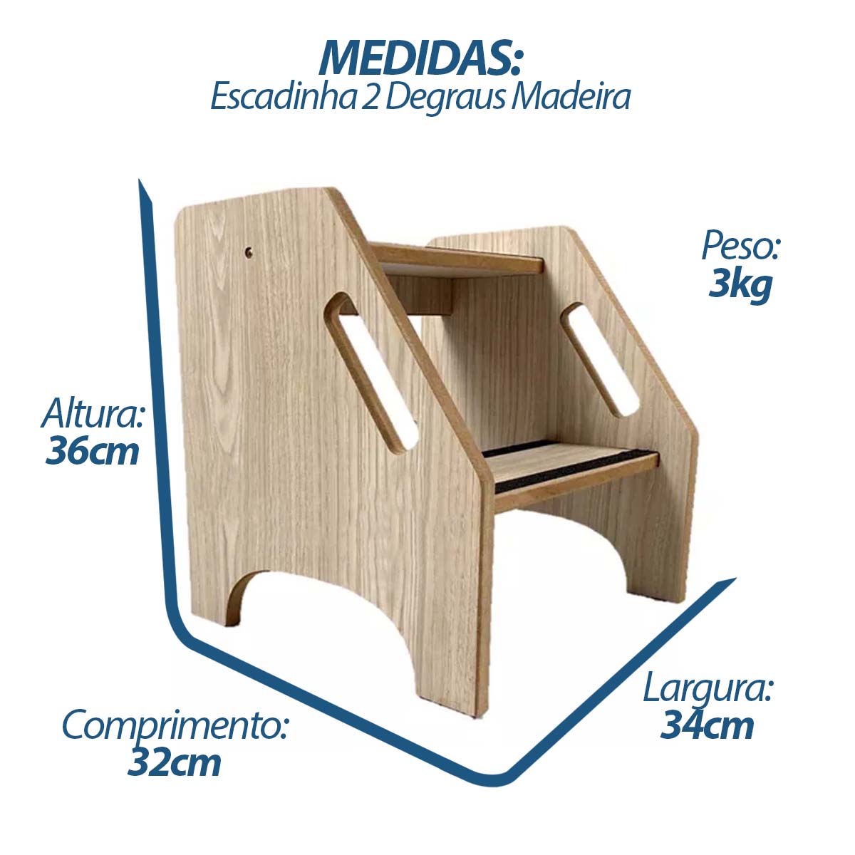 Escada Escadinha 2 Degraus Madeira Resistente Castanha