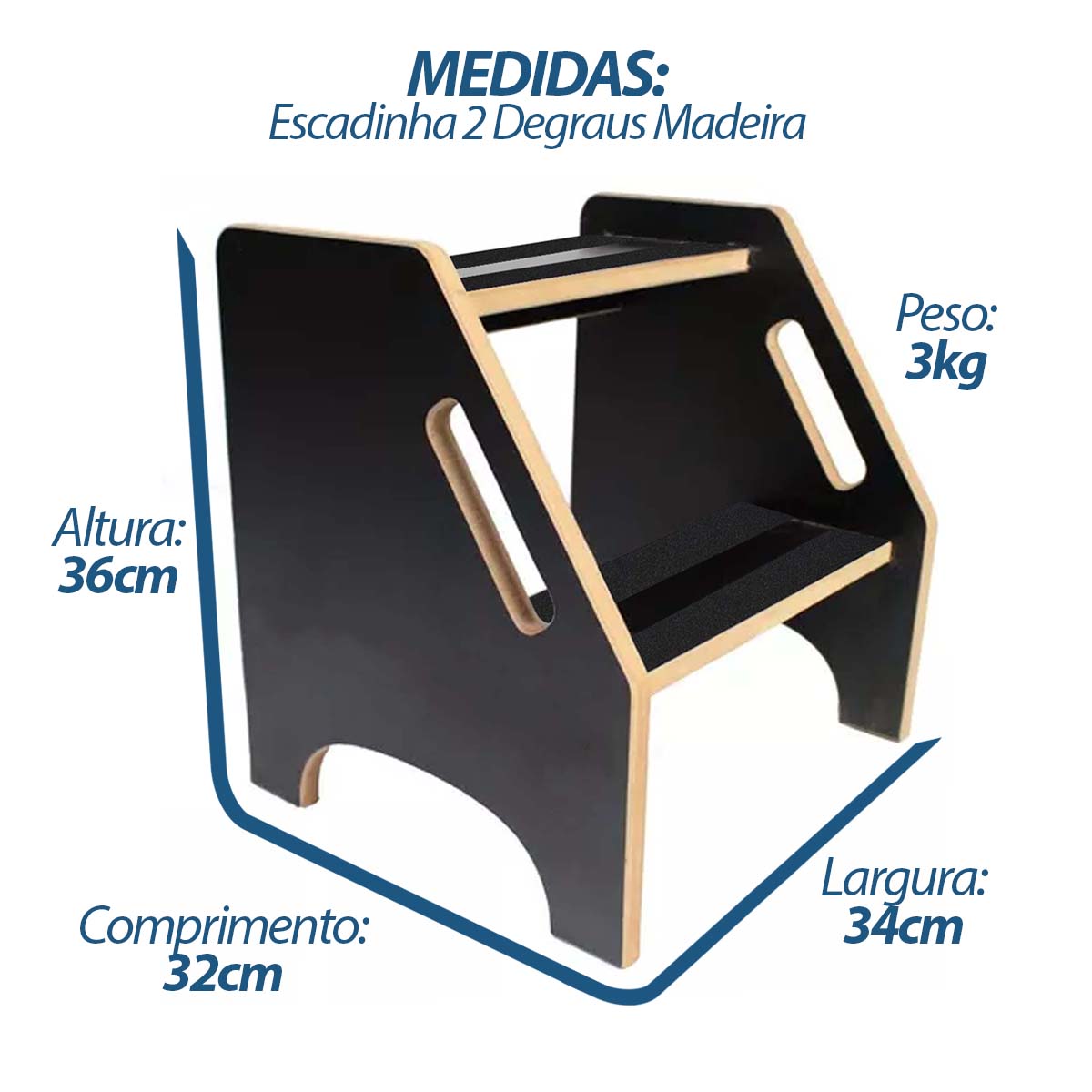 Escada Escadinha 2 Degraus Madeira Resistente Preto