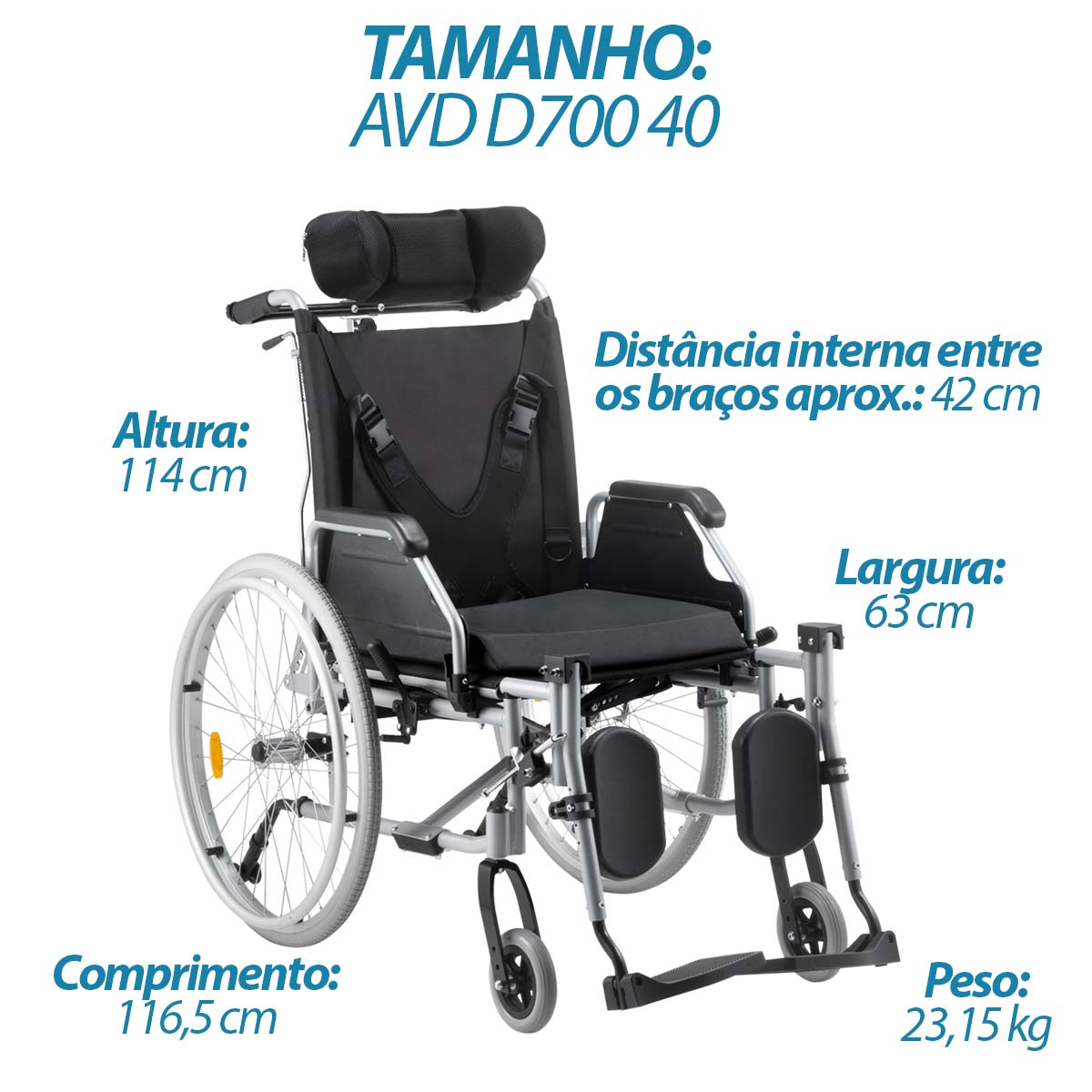 Cadeira de Rodas Reclinável Alumínio Dobrável D700 T40 Dellamed