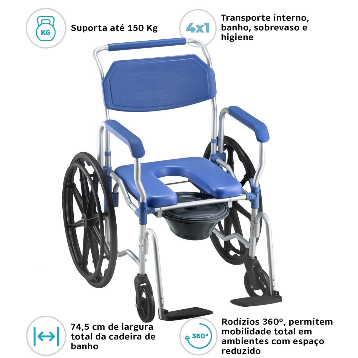 Cadeira de Banho D65 em Alumínio até 150kg Assento 44 cm Dellamed