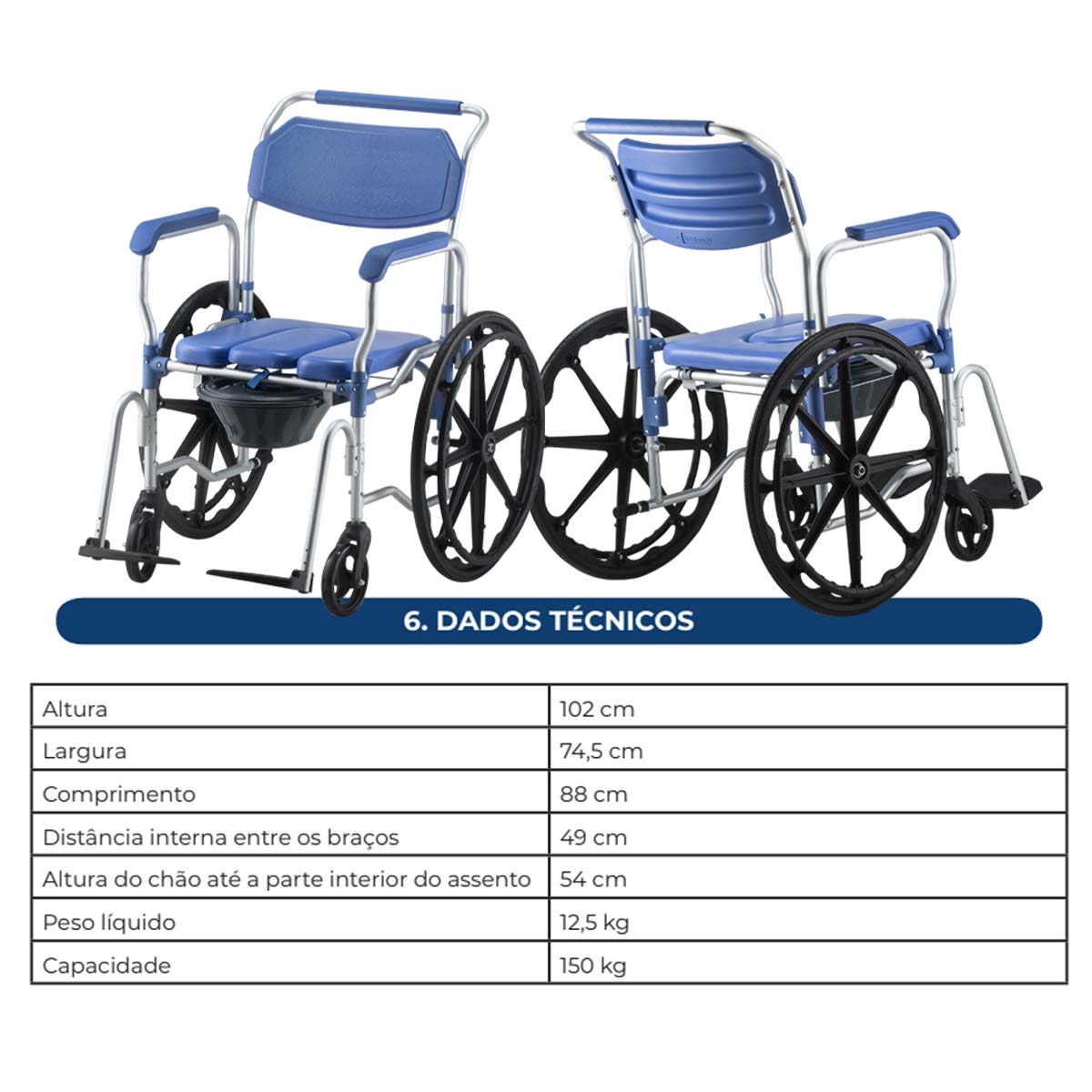Cadeira de Banho D65 em Alumínio até 150kg Assento 44 cm Dellamed