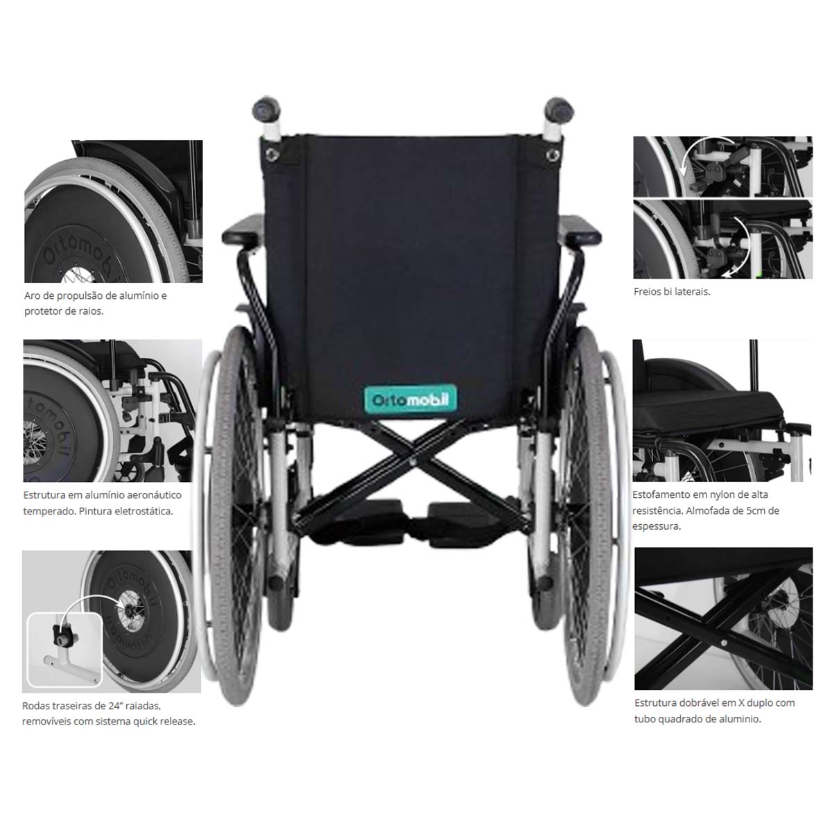 Cadeira de Rodas Dobrável Alumínio MA3E L40 P40 A 40 Ortomobil 002