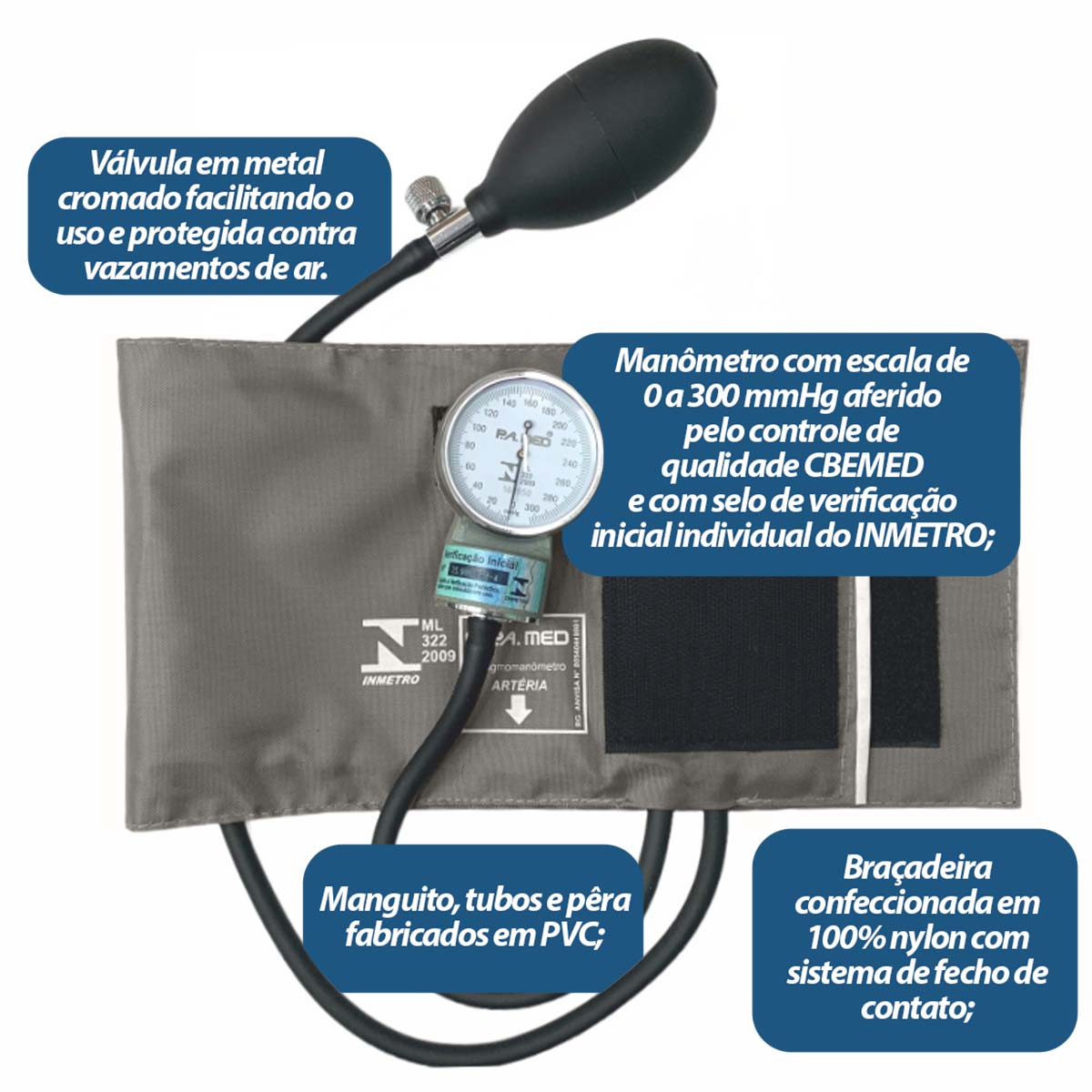 Esfigmomanômetro Adulto Brim Fecho Aderente Bege PAMED 