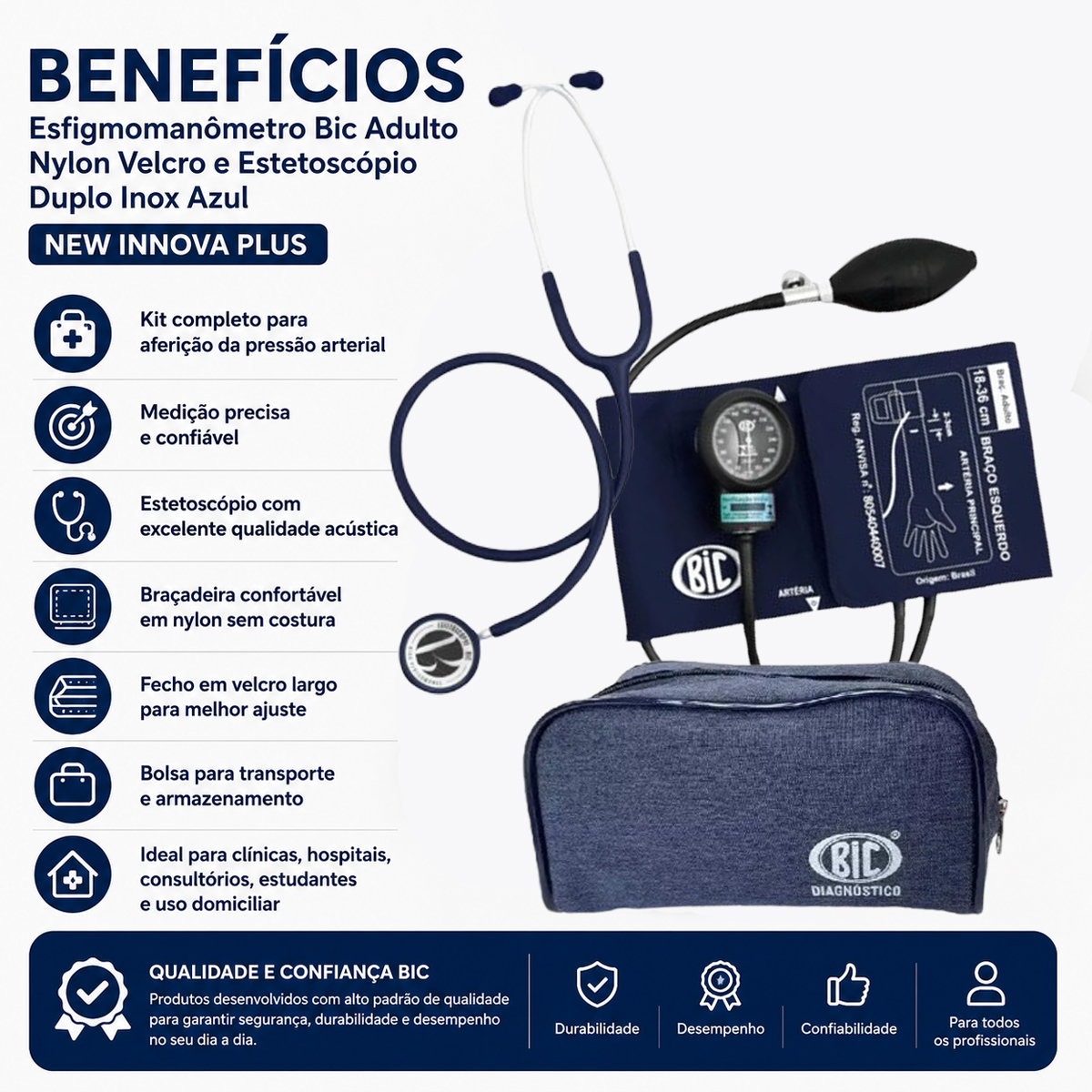 Esfigmomanômetro Bic Adulto Nylon Velcro e Estetoscópio Duplo Inox Azul New Innova Plus