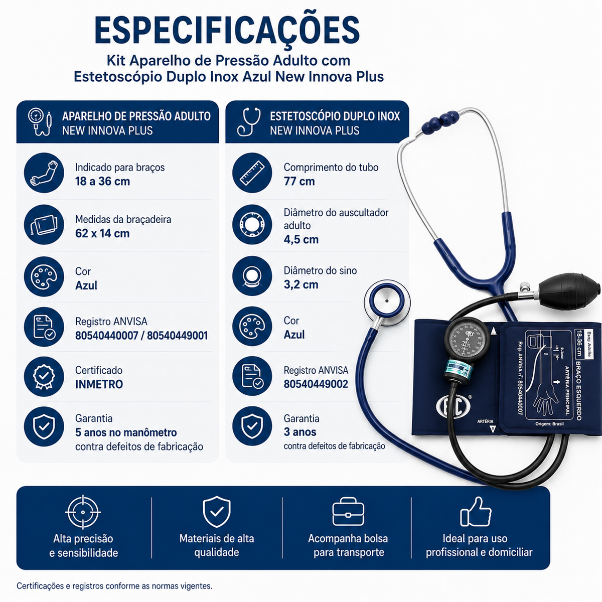 Esfigmomanômetro Bic Adulto Nylon Velcro e Estetoscópio Duplo Inox Azul New Innova Plus