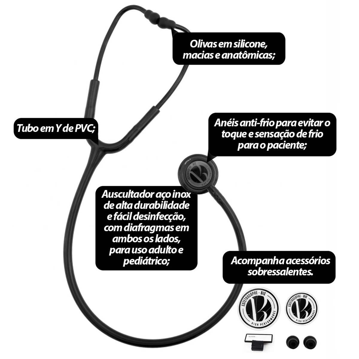 Estetoscópio BIC Eternity III Duplo All Black Adulto e Pediátrico