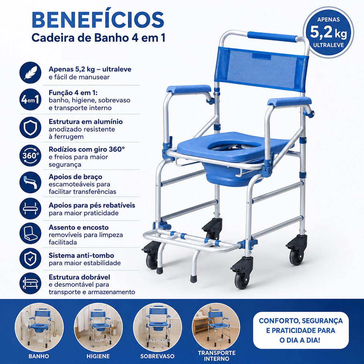 Cadeira de Banho D55 Alumínio Ultraleve Dellamed