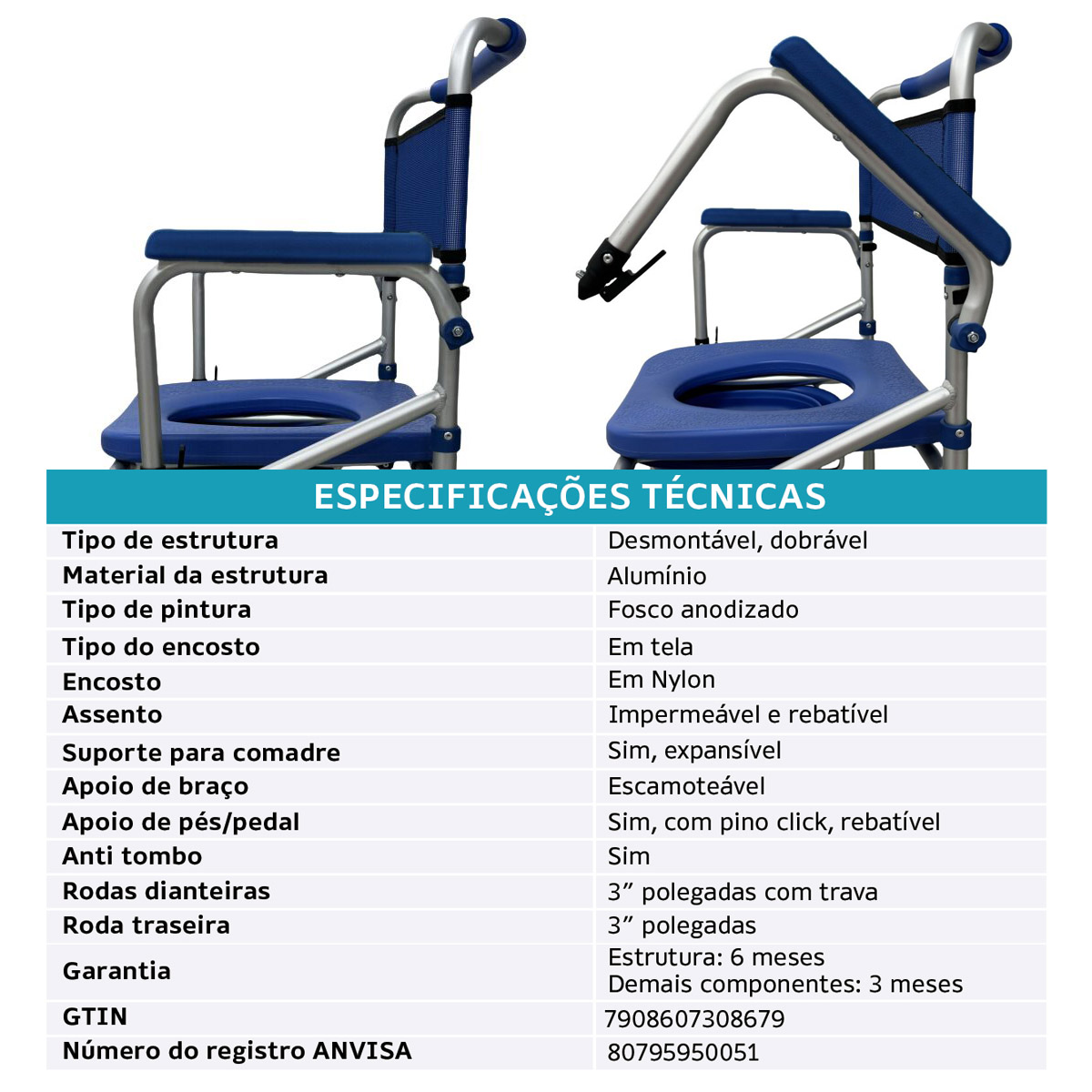 Cadeira de Banho D55 Alumínio Ultraleve Dellamed