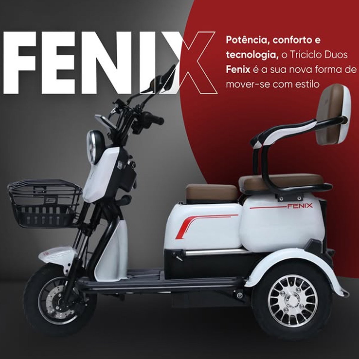 Triciclo Elétrico Duos Fenix 750W 48V Vermelho Três Assentos