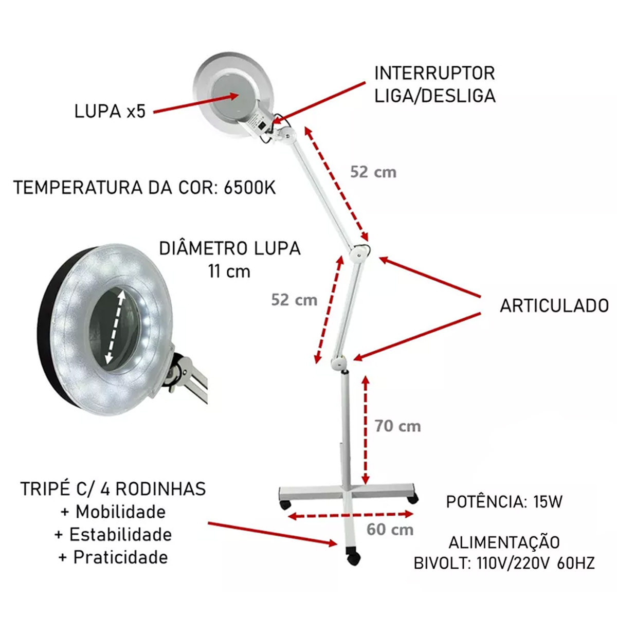 Lupa Luminária Articulada Led Estética com Tripé Branco