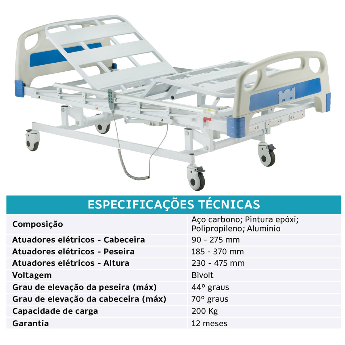 Cama Hospitalar Elétrica 3 Movimentos com Elevação DX3 Dellamed