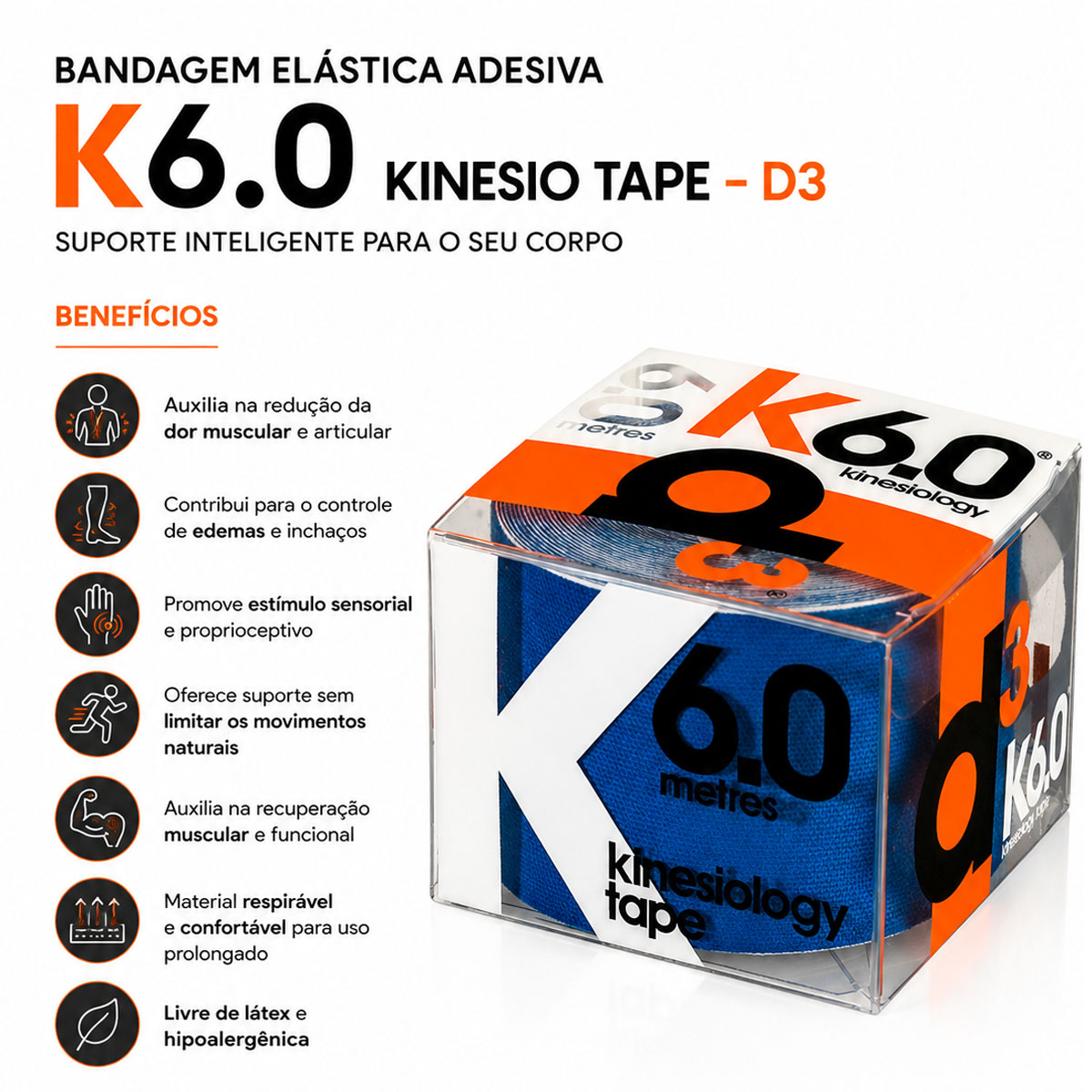 Bandagem Elástica Adesiva Kinesiológica K6.0 D3