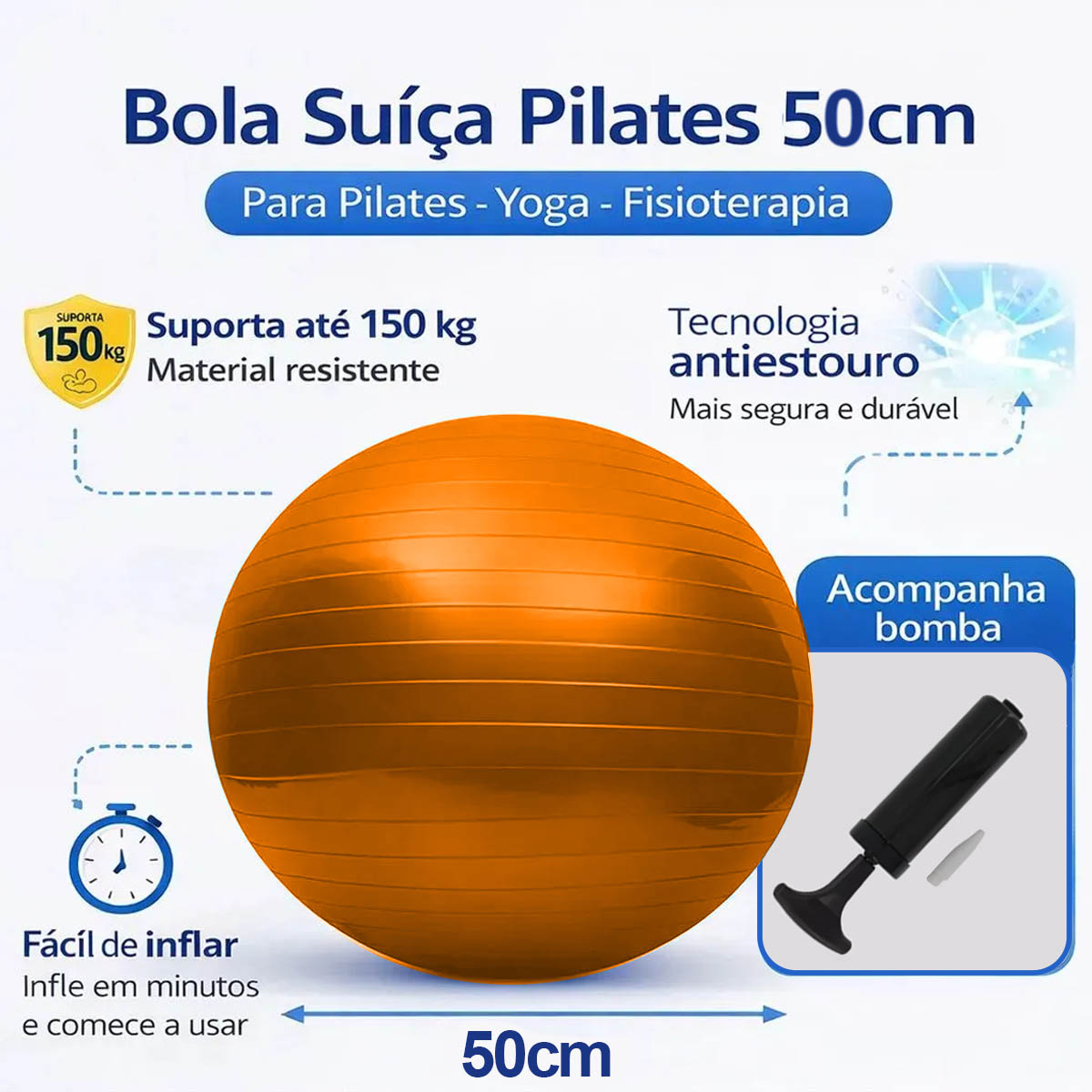 Bola De Pilates e Exercícios 55cm Laranja Kallango
