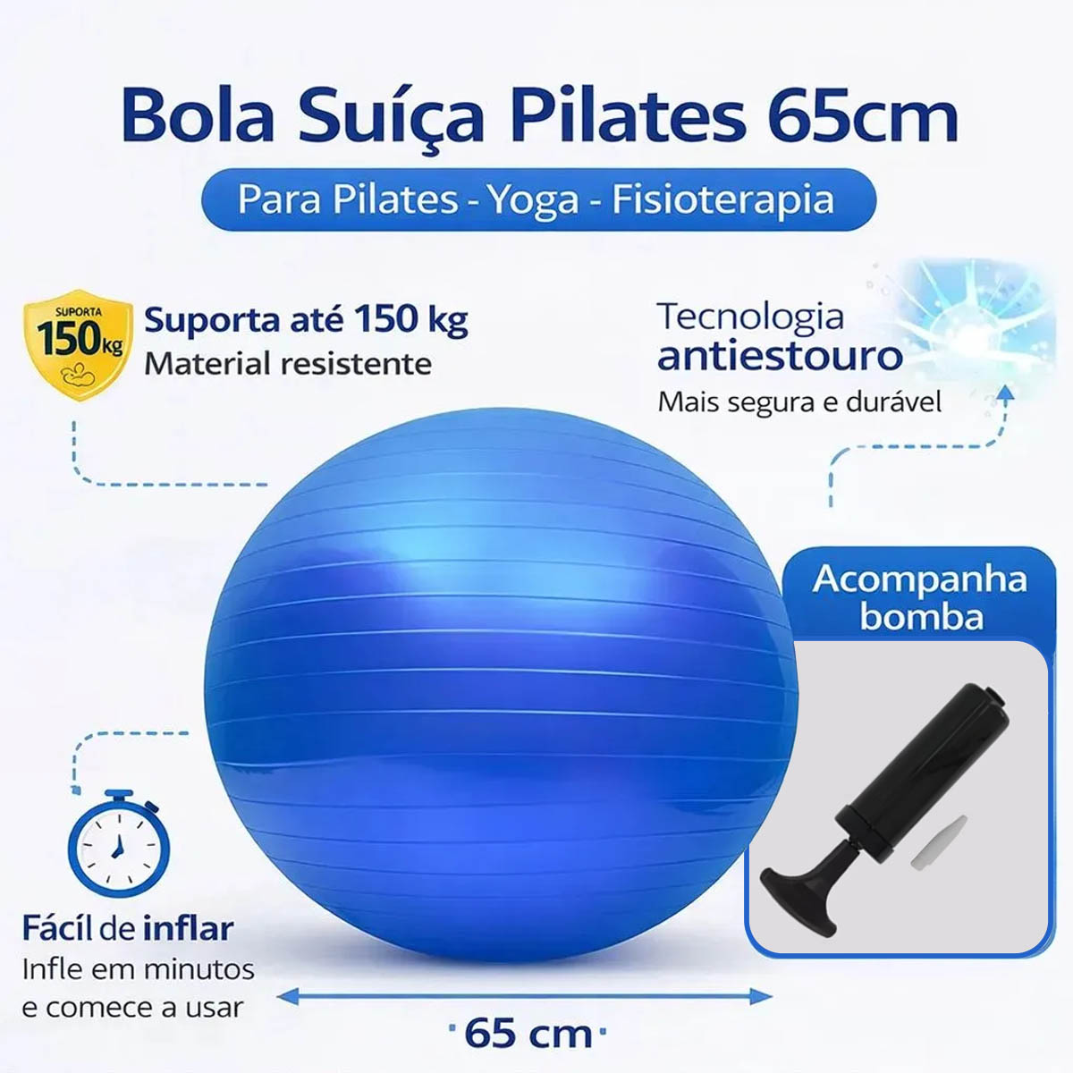 Bola De Pilates e Exercícios 65cm Azul Kallango