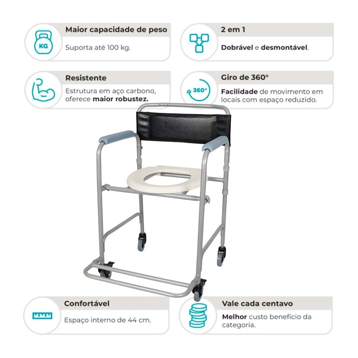 Cadeira de Banho Higiênica Dobrável Aço D40 Dellamed 120kg Apoio Fixo