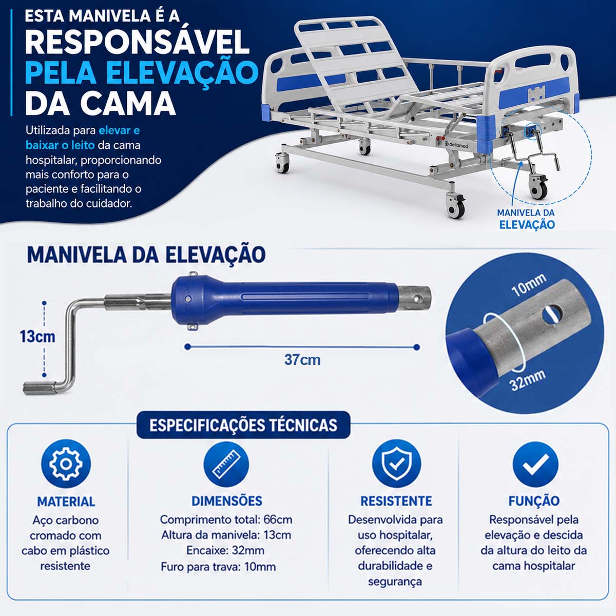 Manivela de Elevação do Leito Compatível com Cama DX3 Dellamed